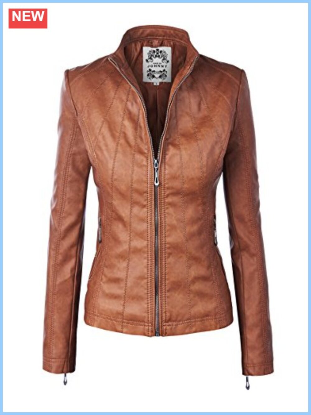 Faux Leather Zip Up Moto Biker Jacket Stitching Detail Lined